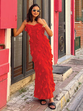 Vermilion Veil Shoulder Straps Ruffled Maxi Gown