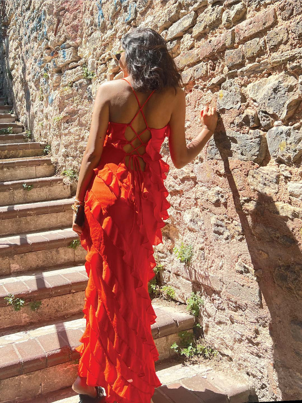 Vermilion Veil Shoulder Straps Ruffled Maxi Gown