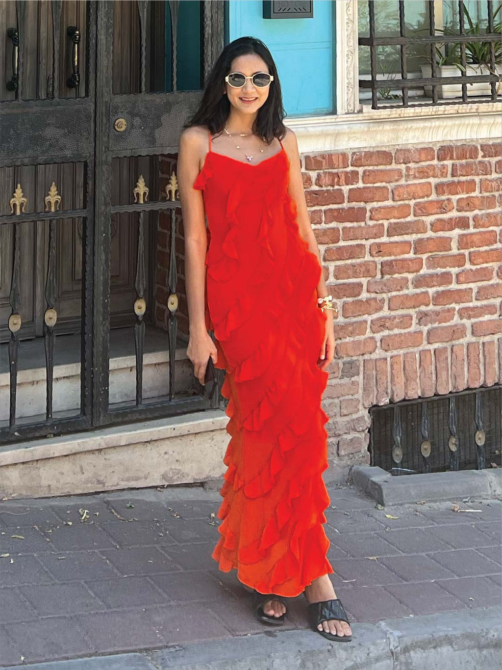 Vermilion Veil Shoulder Straps Ruffled Maxi Gown