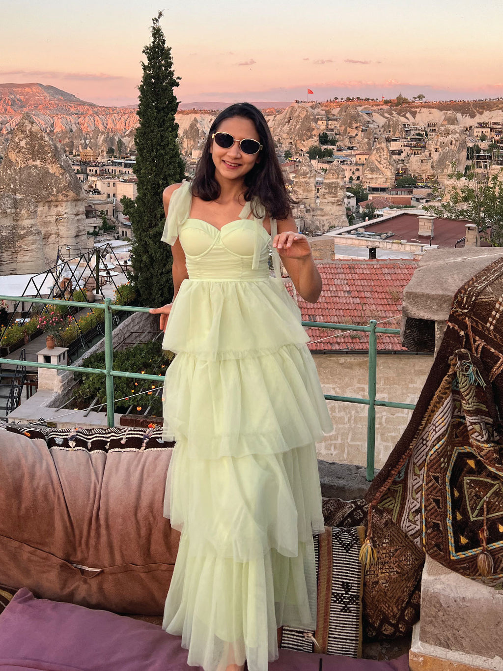 Pista Green Tiered Tulle Corset Dress