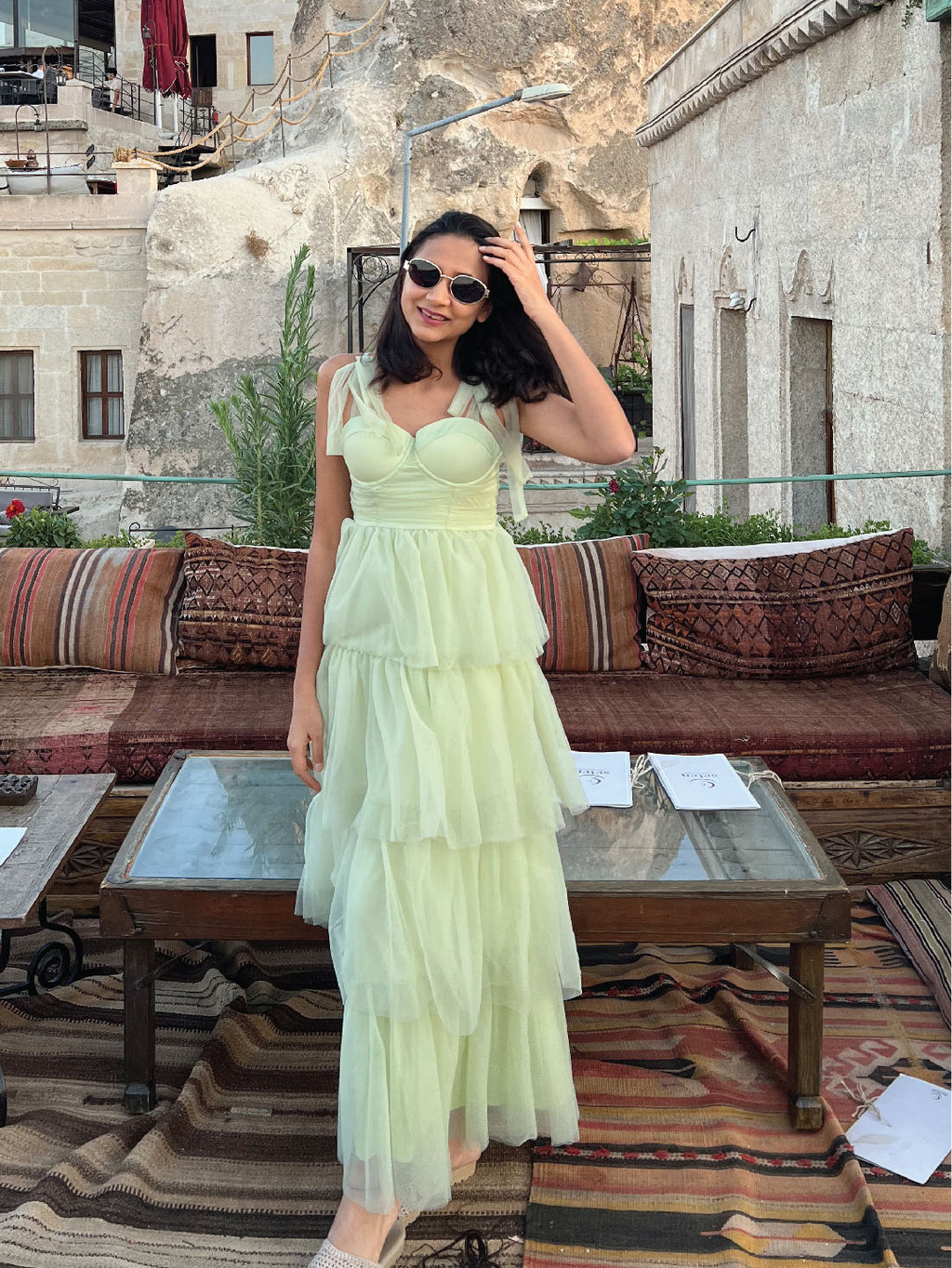 Pista Green Tiered Tulle Corset Dress