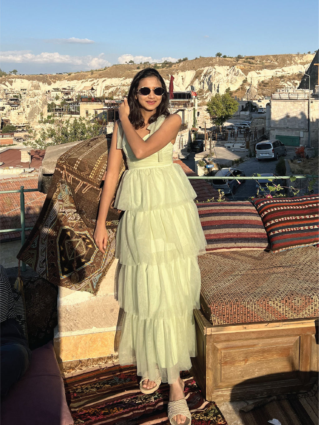 Pista Green Tiered Tulle Corset Dress