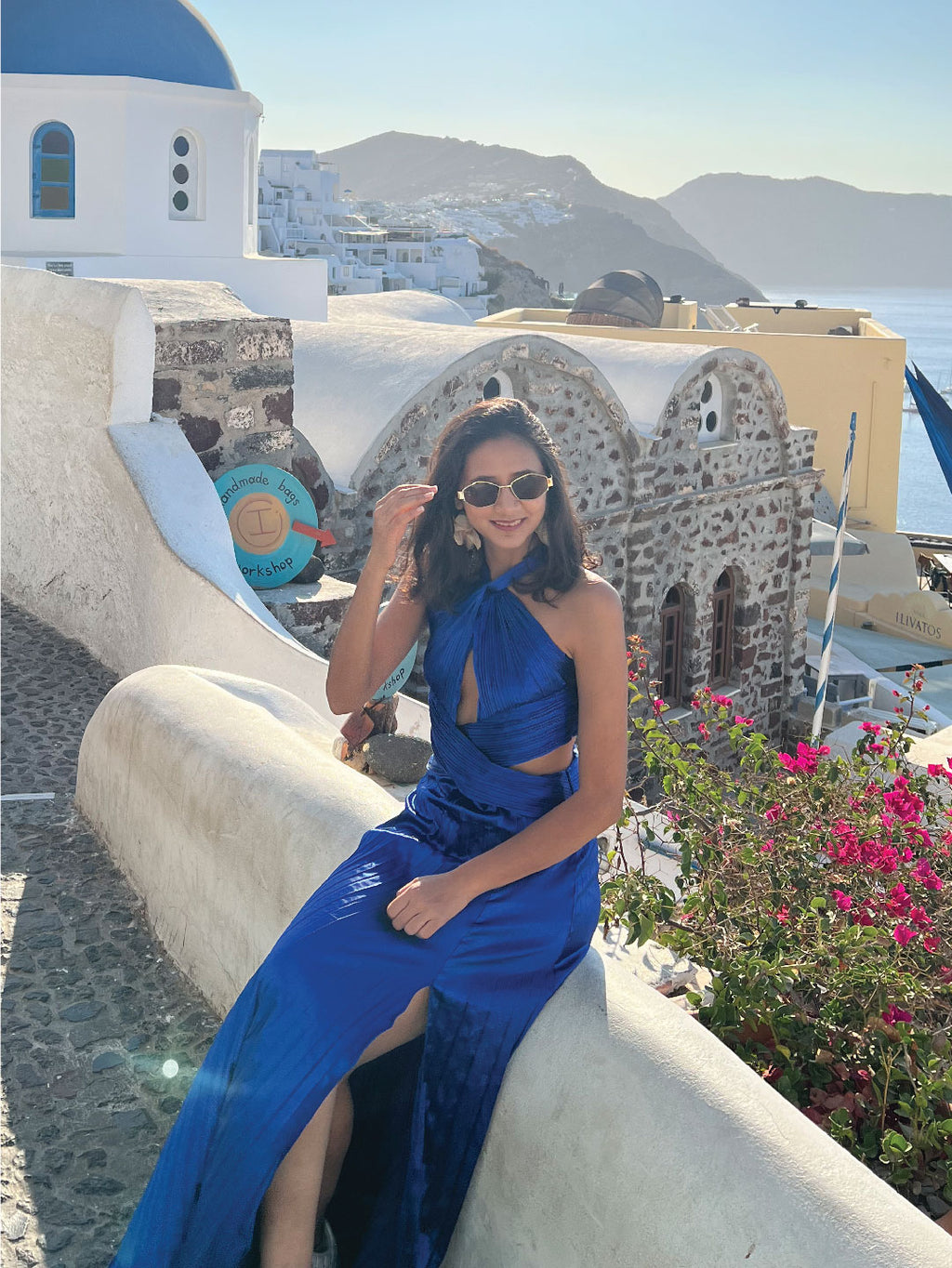 Greece Blue Pleated Halter Maxi Gown