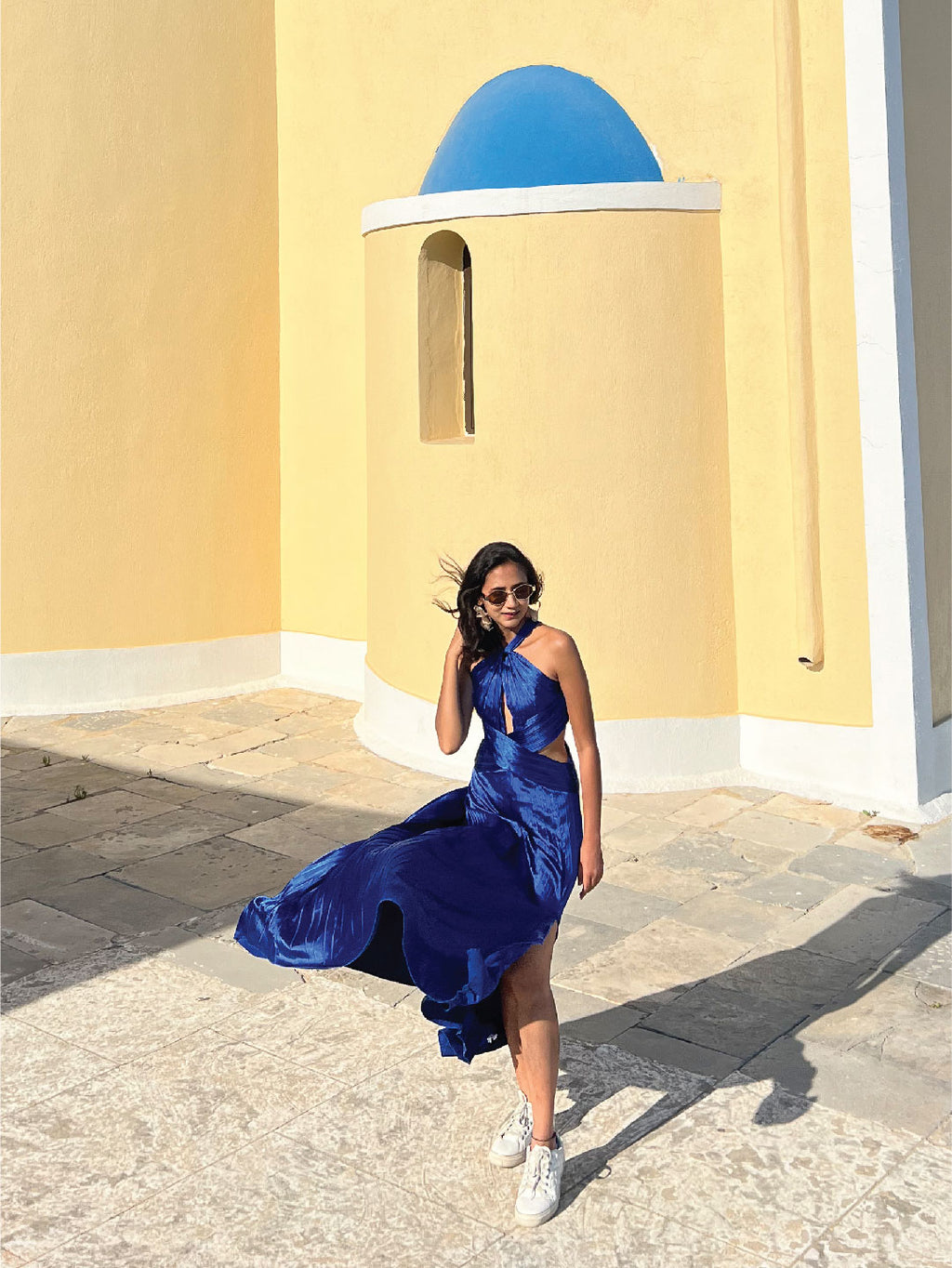 Greece Blue Pleated Halter Maxi Gown
