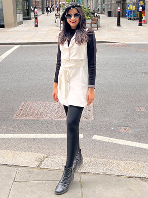 Brown Suede Overcoat & Pearl White Dress Set