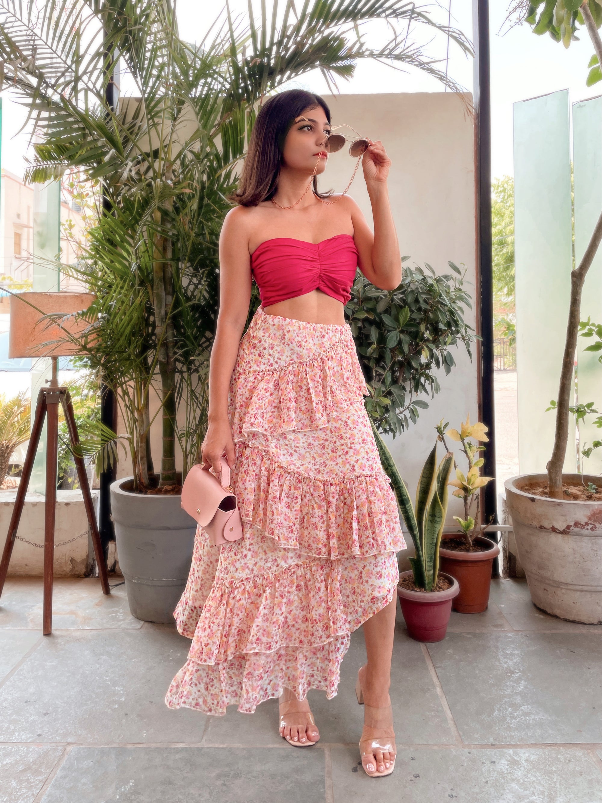 Raspberry Silk Top & Floral Tiered Skirt Set