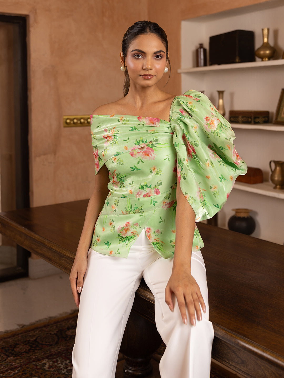 Botanical Printed Zipper Tunic With Blouse & Trousers
