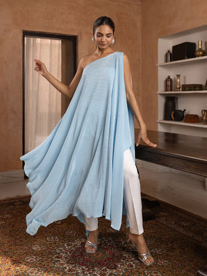 Cyan Pleated Gown & Trousers Set