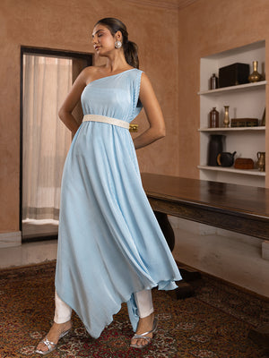 Cyan Pleated Gown & Trousers Set