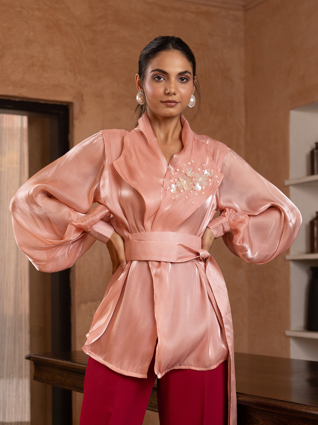 Salmon Organza Embellished Top