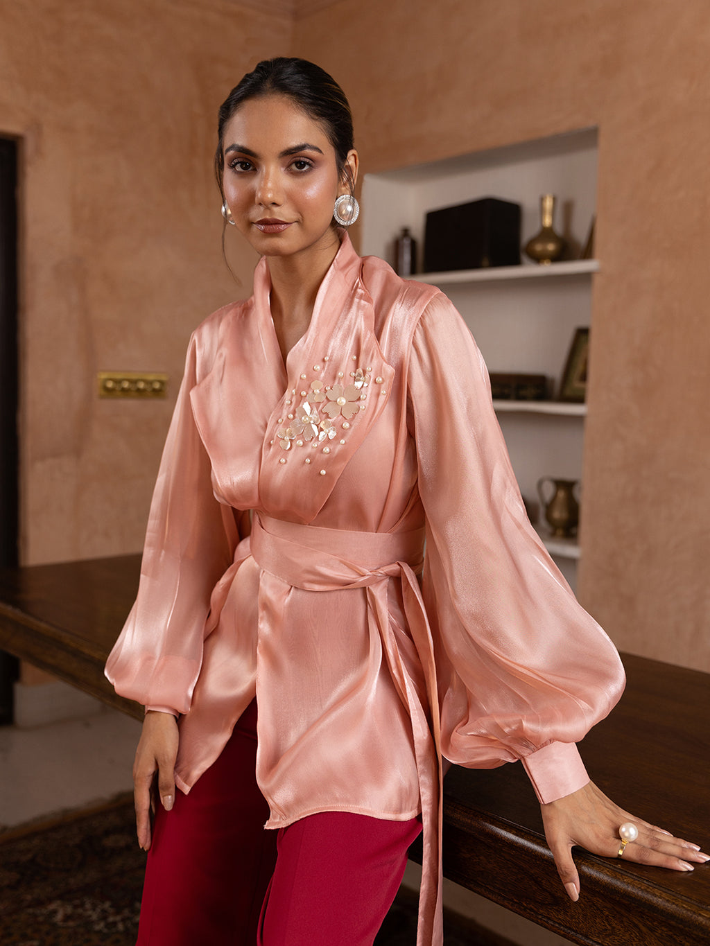 Salmon Organza Embellished Top