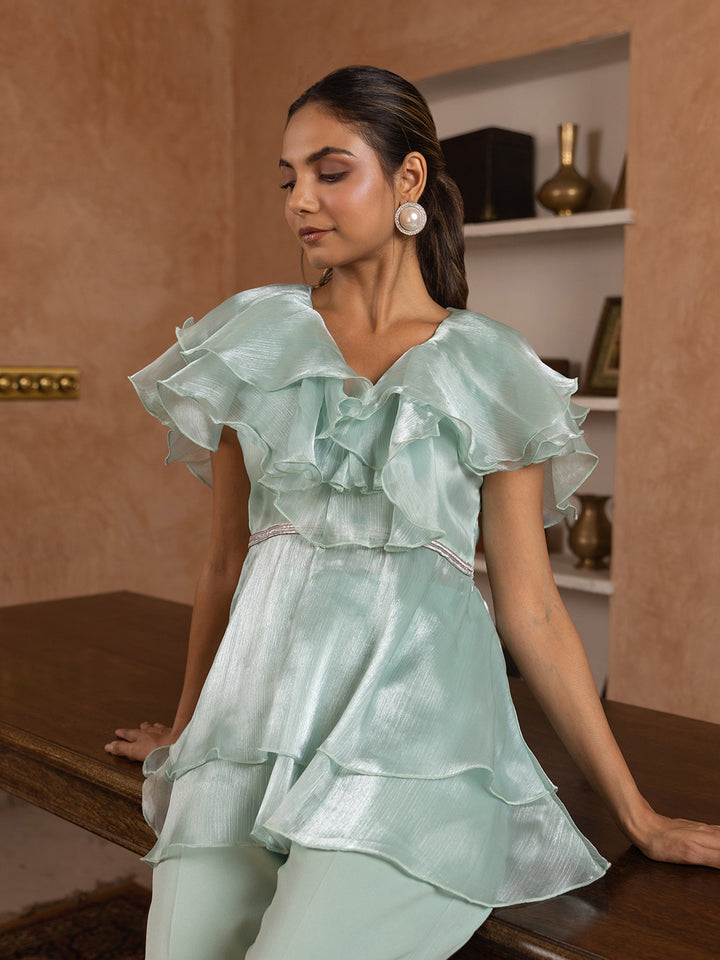 Sage Ruffle Organza Peplum Top