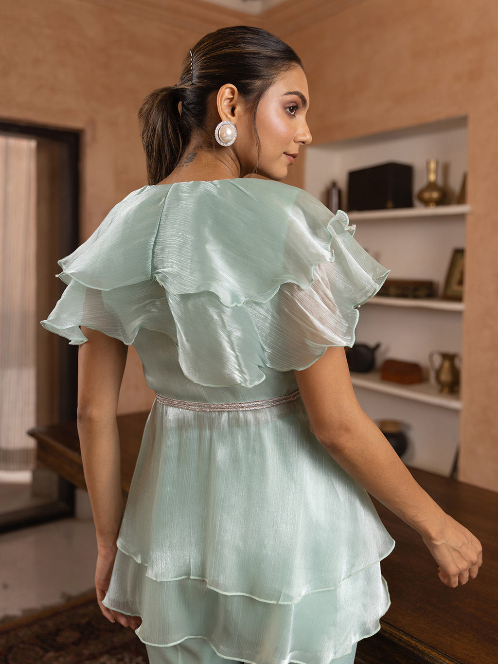 Sage Ruffle Organza Peplum Top