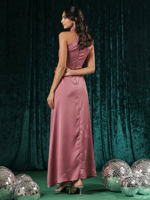 Blush One Shoulder Halter Gown