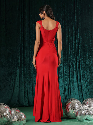 Vermilion Veil Off-Shoulder Slit Evening Gown