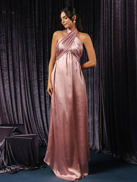 Rose Pink Halter-Neck Asymmetrical Evening Gown