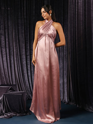 Rose Pink Halter-Neck Asymmetrical Evening Gown