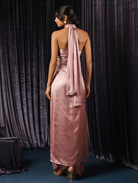 Rose Pink Halter-Neck Asymmetrical Evening Gown