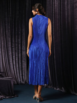 Royal Blue Pleated High Neck Maxi Dress