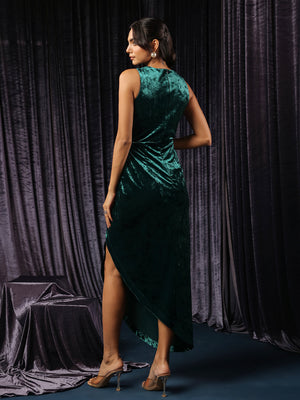 Emerald Velvet Asymmetric High Slit Dress