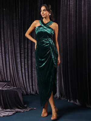 Emerald Velvet Asymmetric High Slit Dress