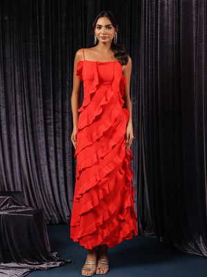 Vermilion Veil Shoulder Straps Ruffled Maxi Gown