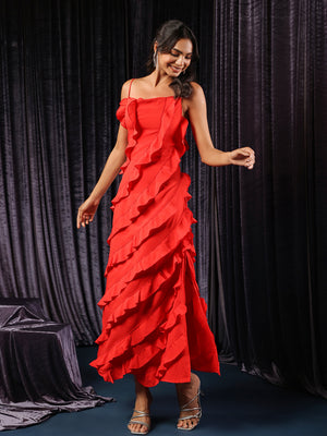 Vermilion Veil Shoulder Straps Ruffled Maxi Gown