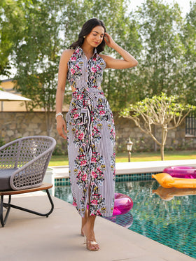 Floral Zebra Button Down Midi Dress