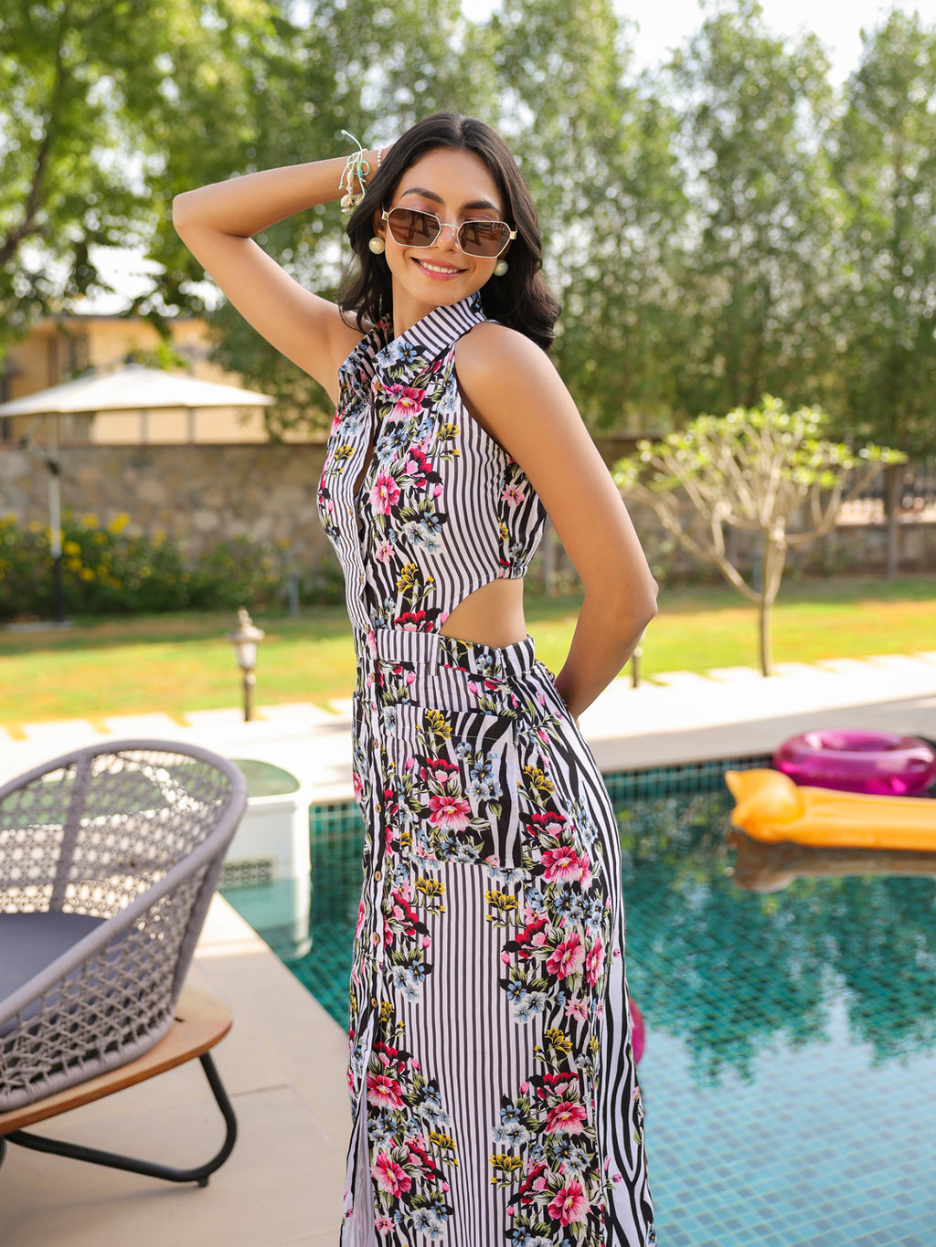Floral Zebra Button Down Midi Dress