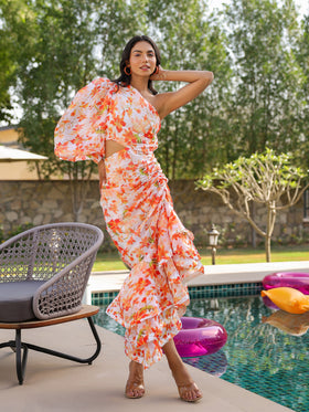 Orange Blossom One-Shoulder Ruffle Dress