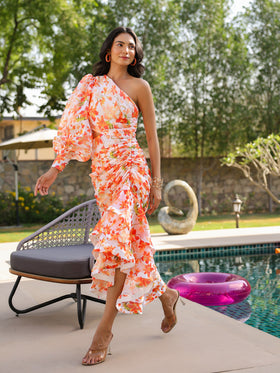 Orange Blossom One-Shoulder Ruffle Dress