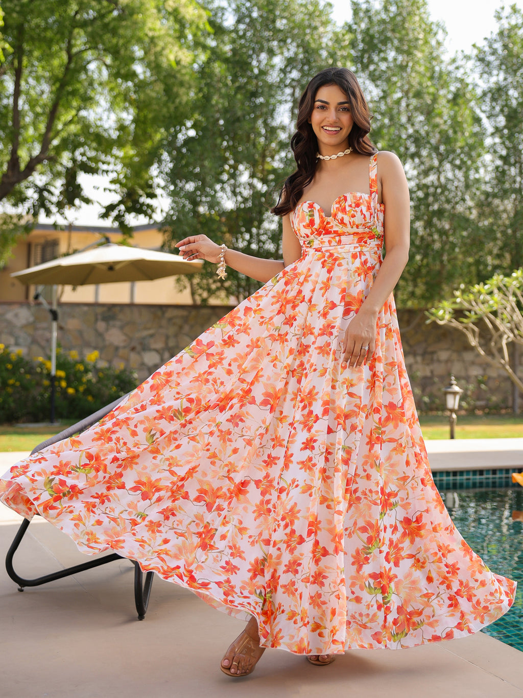 Orange Blossom Sweetheart Flare Maxi Dress