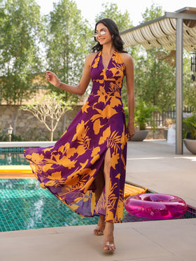 Purple Tropical Bloom Tie- Up Dress