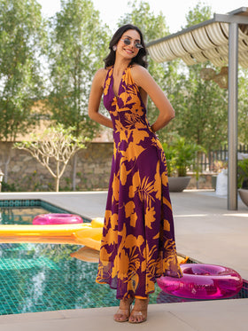 Purple Tropical Bloom Tie- Up Dress