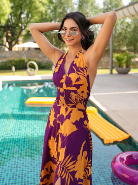 Purple Tropical Bloom Tie- Up Dress
