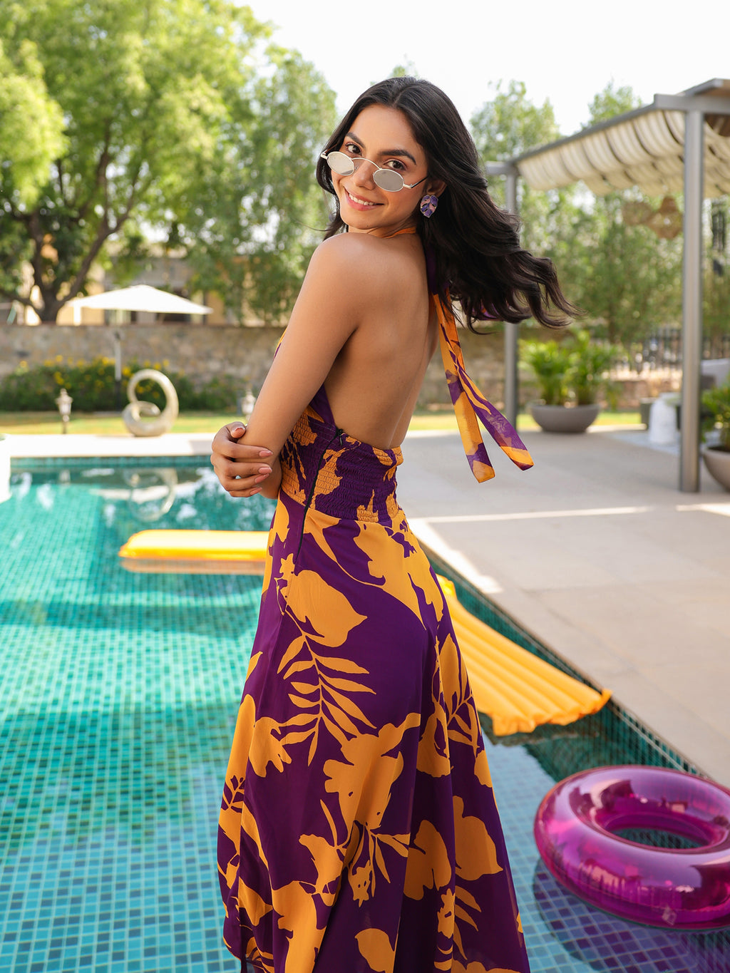 Purple Tropical Bloom Tie- Up Dress
