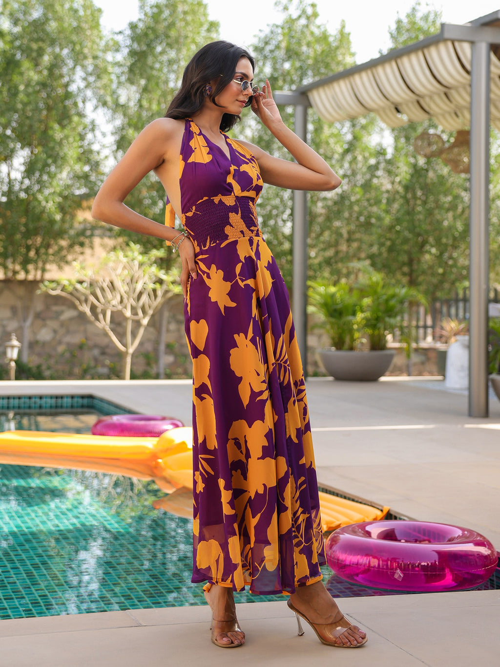 Purple Tropical Bloom Tie- Up Dress