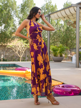Purple Tropical Bloom Tie- Up Dress