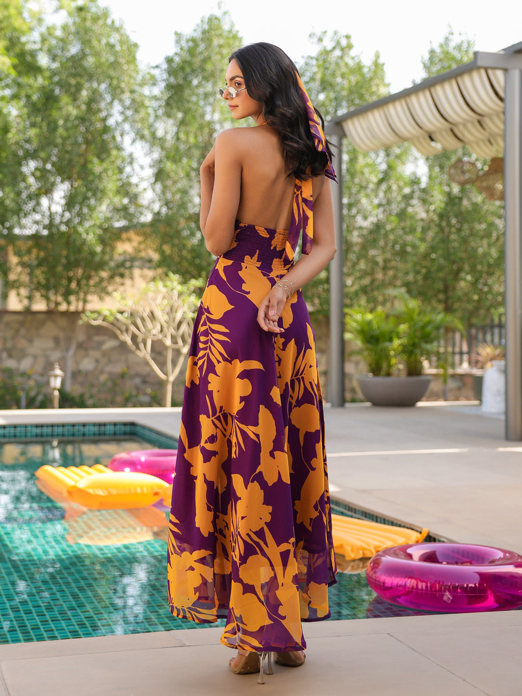 Purple Tropical Bloom Tie- Up Dress
