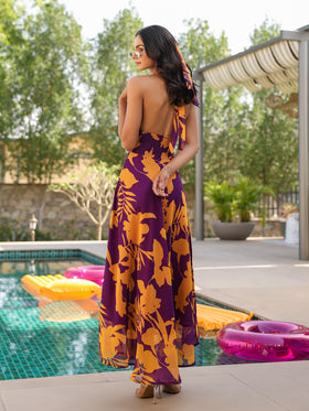 Purple Tropical Bloom Tie- Up Dress