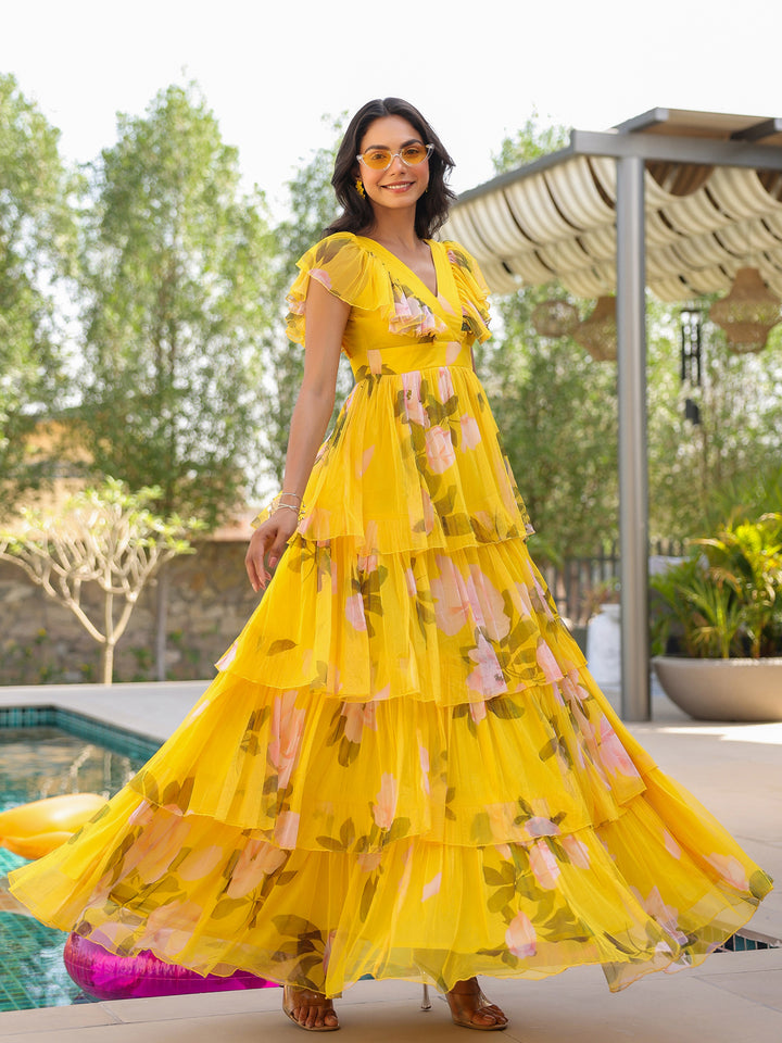 Sunshine Floral Ruffle Tiered Tulle Gown