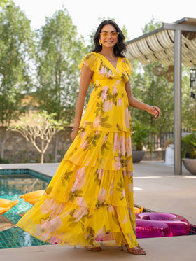 Sunshine Floral Ruffle Tiered Tulle Gown