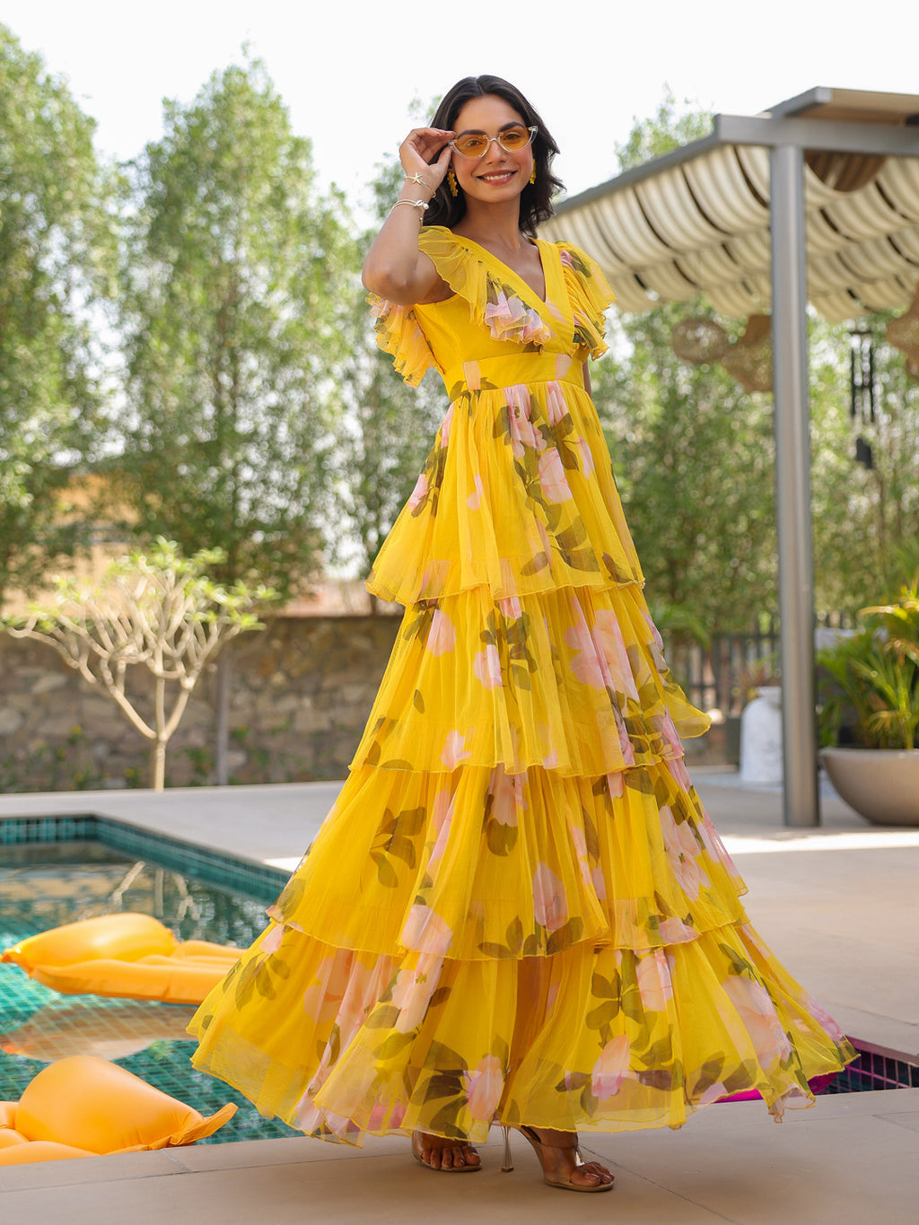 Sunshine Floral Ruffle Tiered Tulle Gown