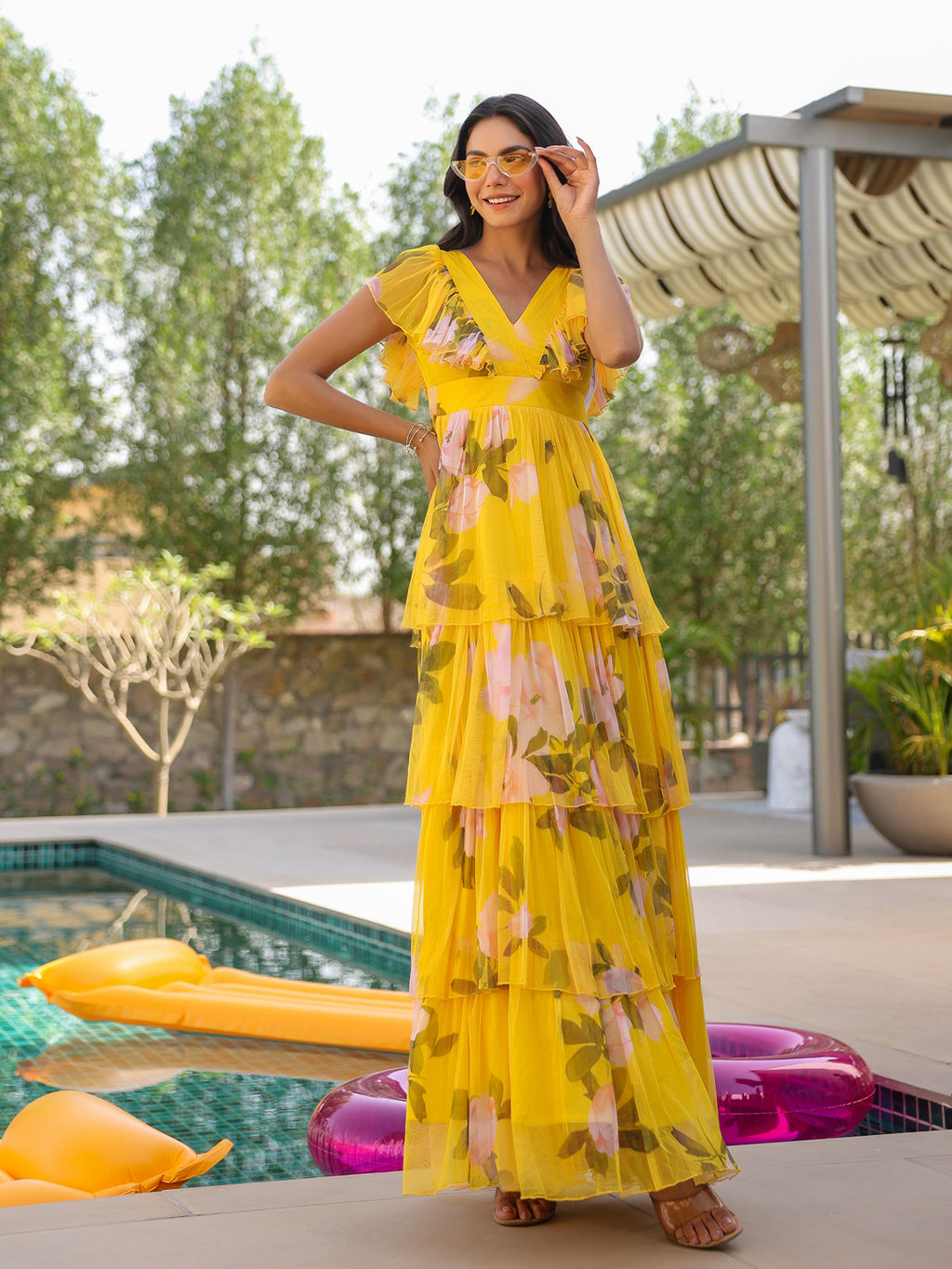 Sunshine Floral Ruffle Tiered Tulle Gown