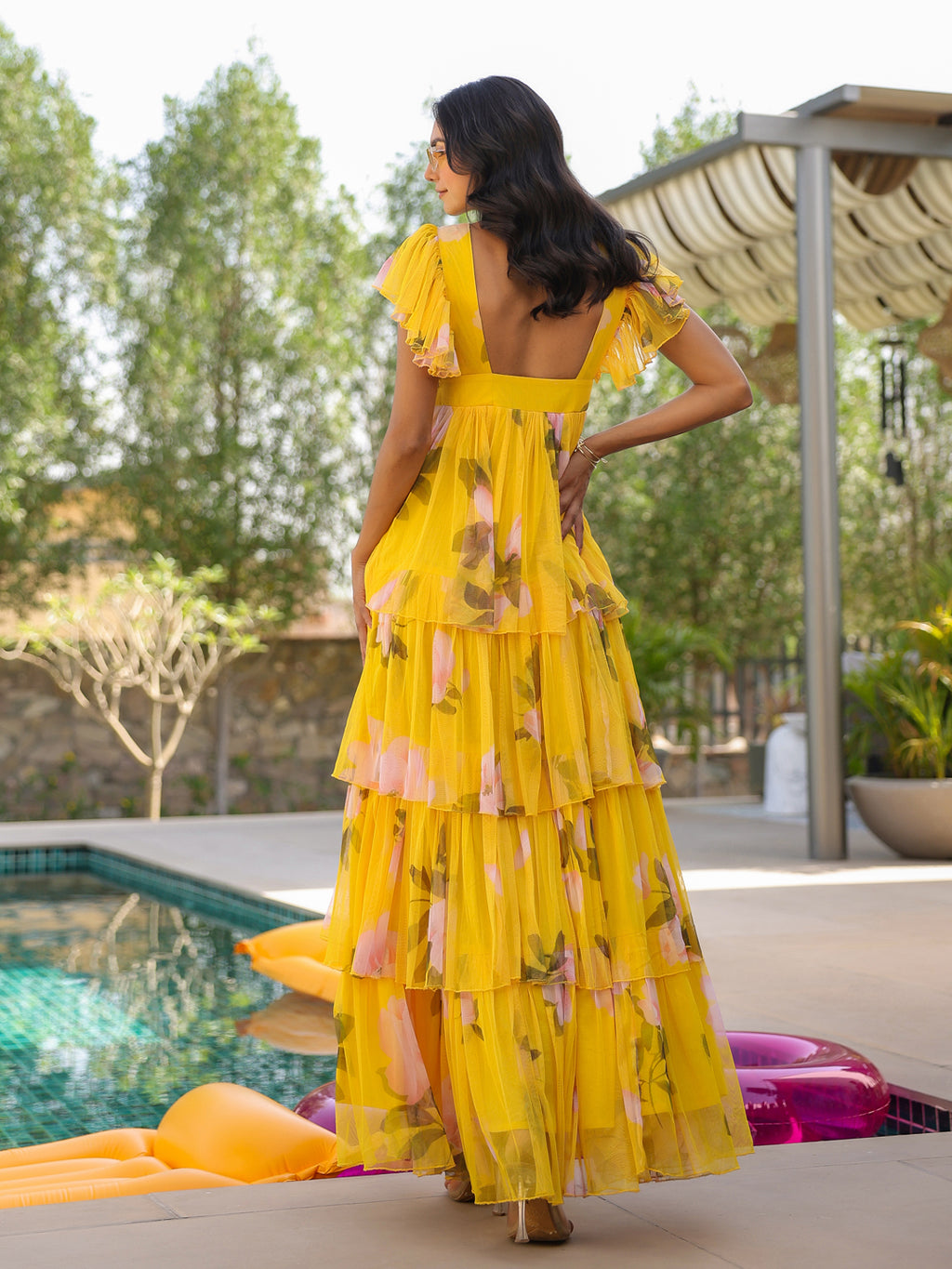 Sunshine Floral Ruffle Tiered Tulle Gown