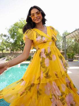 Sunshine Floral Ruffle Tiered Tulle Gown