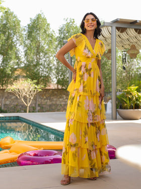 Sunshine Floral Ruffle Tiered Tulle Gown