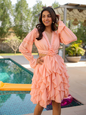Peach Ruffle Cut-Out Flare Dress
