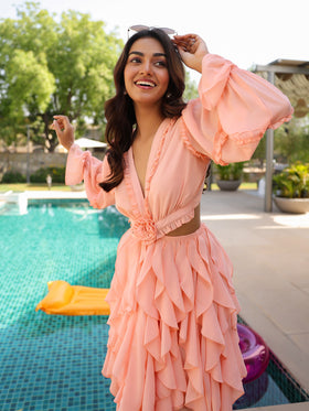 Peach Ruffle Cut-Out Flare Dress