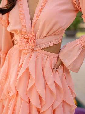 Peach Ruffle Cut-Out Flare Dress